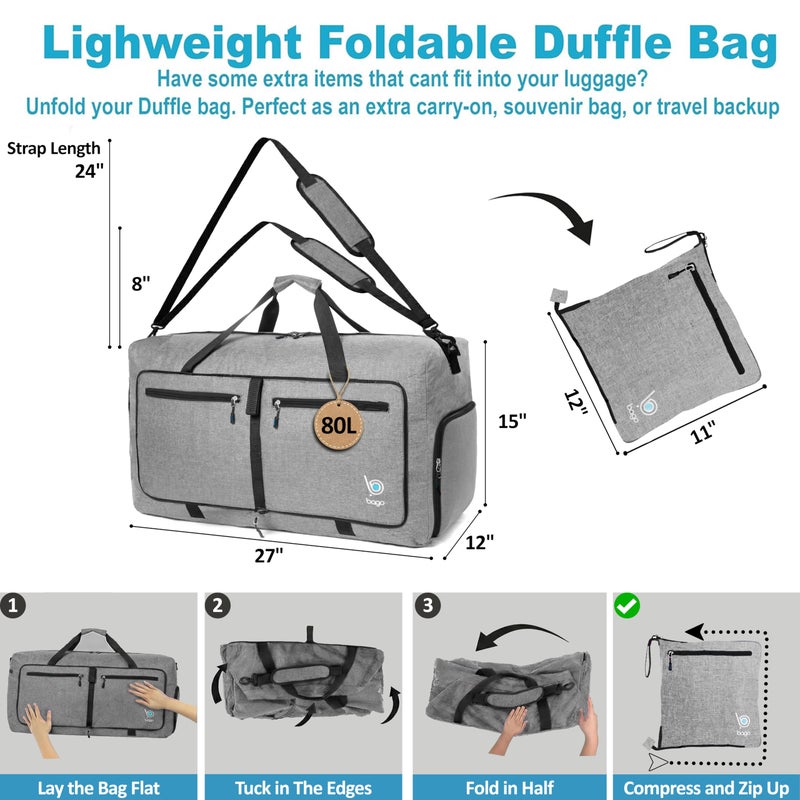 Bago Large Foldable Duffel Bags for Traveling Women & Men - 80L Packable Duffle Bag for Travel with Shoe Compartment - Water Repellant, Heavy Duty, Lightweight Folding & Collapsible (SnowGray) - Image 5